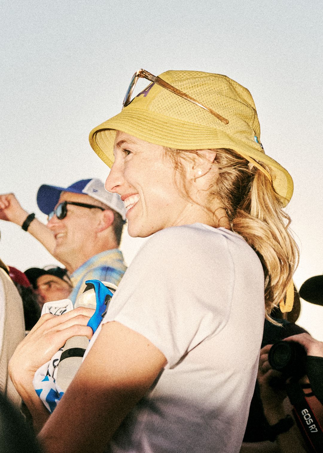 Woman in a yellow bucket hat